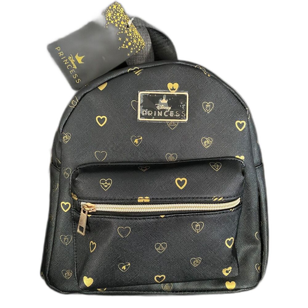 Disney Princess Faux Leather Black Mini Backpack with gold hearts, NWT